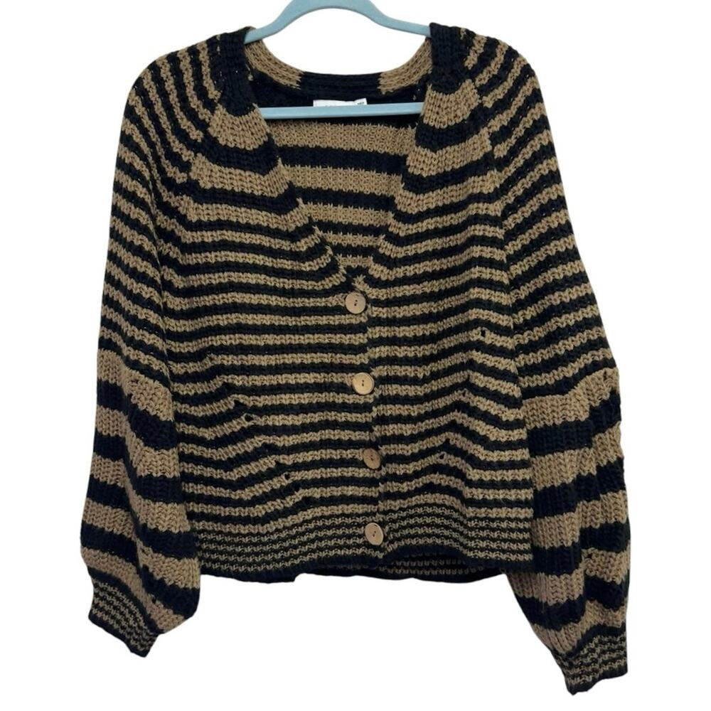 Lush Striped Cropped Cardigan Large Chunky Knit Tan Black‎ Button Boho Cozy
